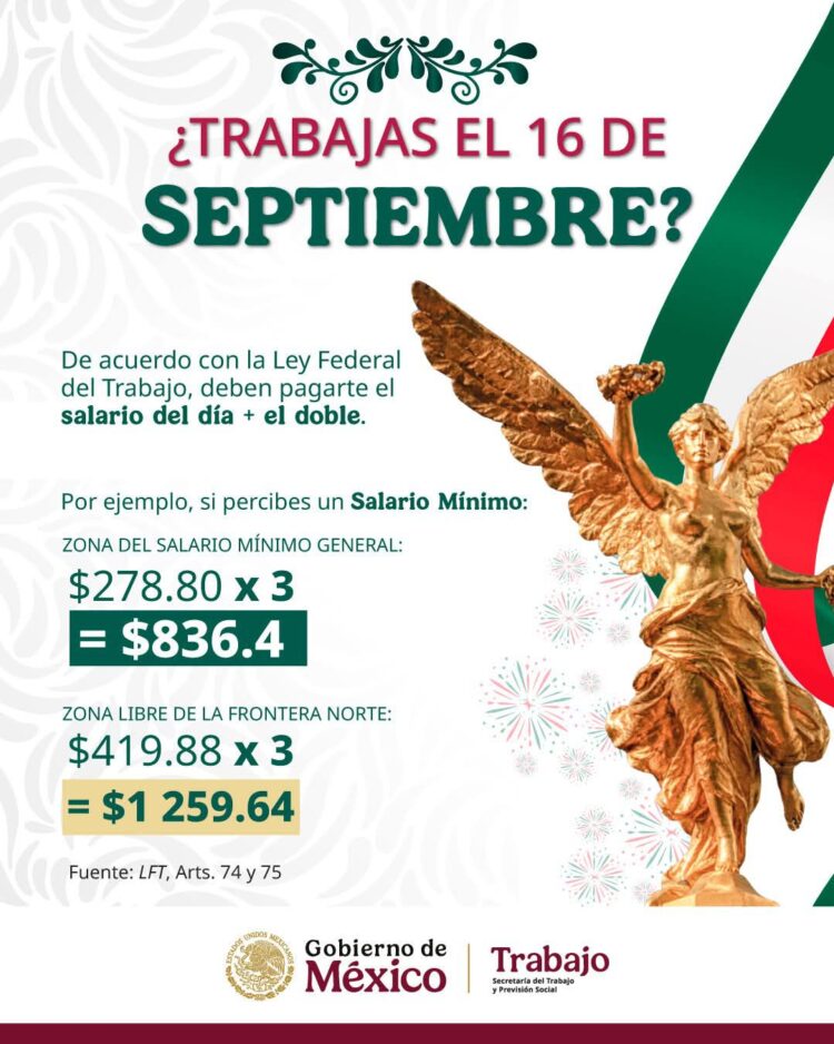 TRABAJAR EL 16 DE SEPTIEMBRE TIENE PAGO EXTRA POR LEY.