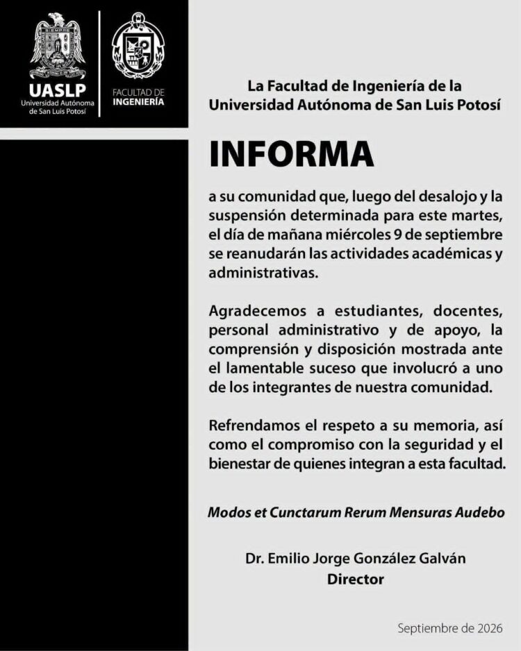 SE SUSPENDEN CLASES EN LA UASLP POR EL SUCIDIO DE UN ESTUDIANTE DE INGENIERÍA.